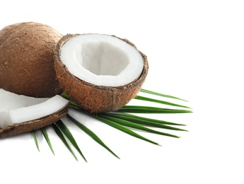 Photo of Ripe coconuts on white background