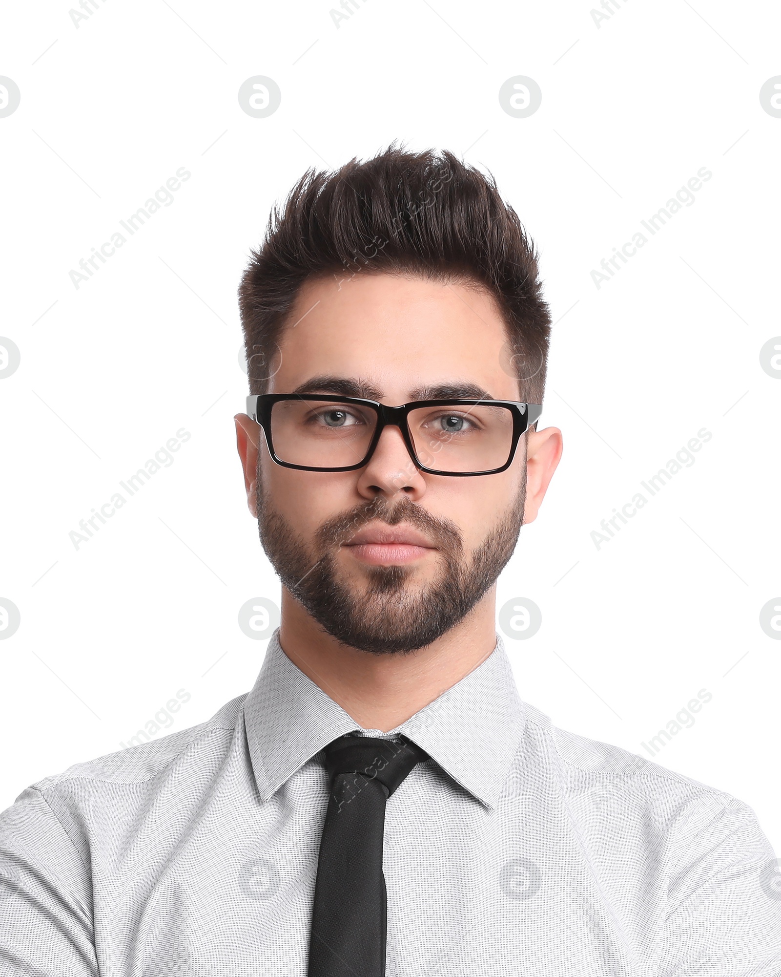 Image of Passport photo. Portrait of young man on white background