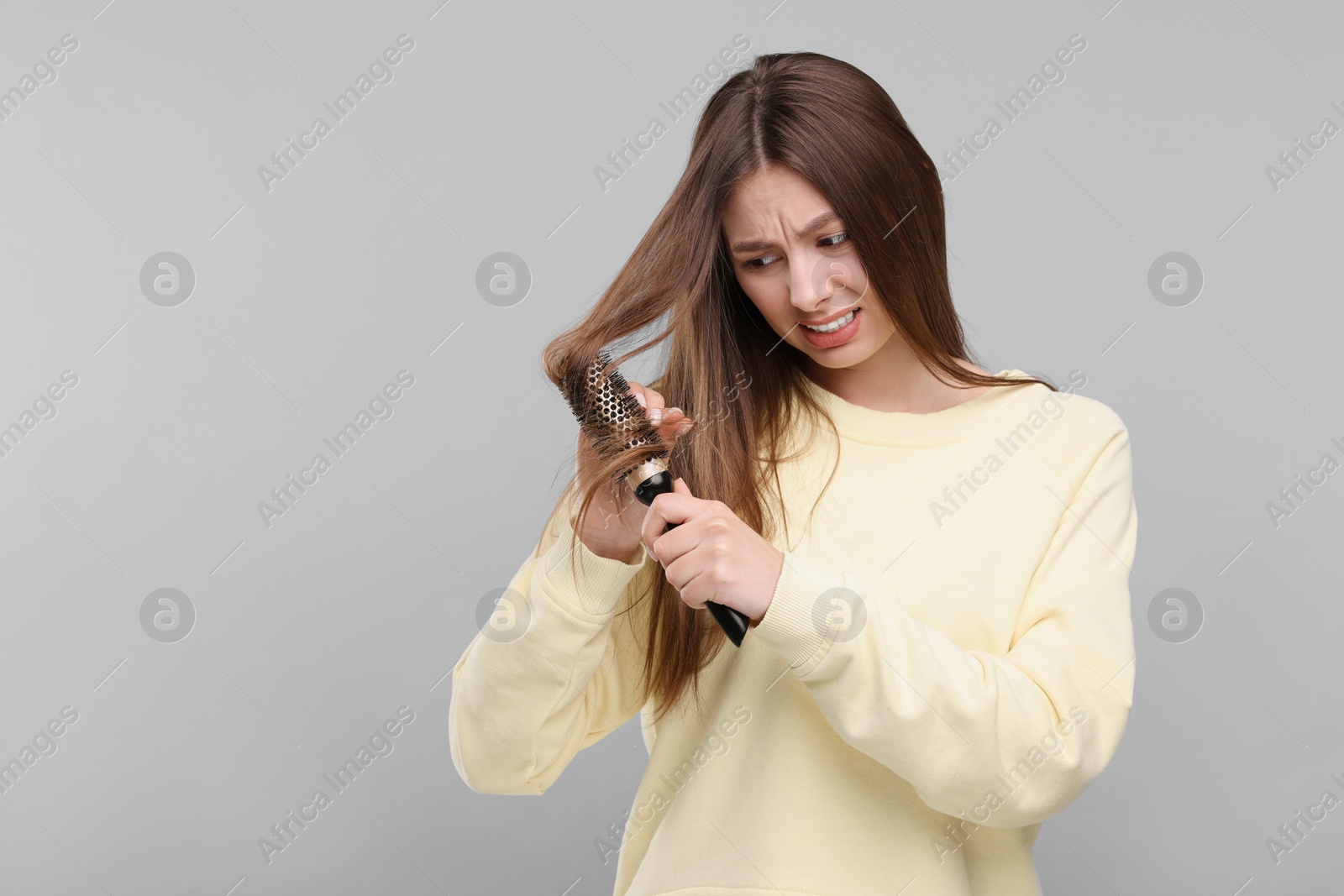 Photo of Upset woman brushing her hair on grey background, space for text. Alopecia problem