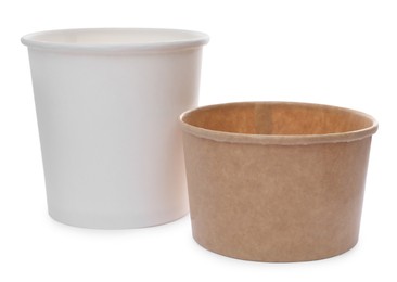 Photo of Empty paper cup and bowl on white background. Containers for food
