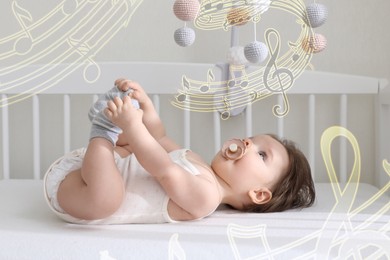 Image of Songs for baby. Cute little child in crib at home. Illustration of flying music notes around child