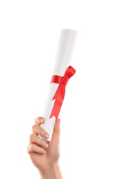 Student holding rolled diploma with red ribbon on white background, closeup