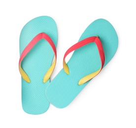 Pair of turquoise flip flops isolated on white, top view