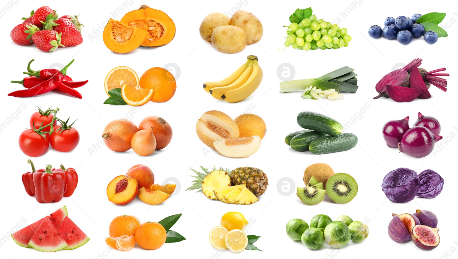 Image of Assortment of organic fresh fruits and vegetables on white background