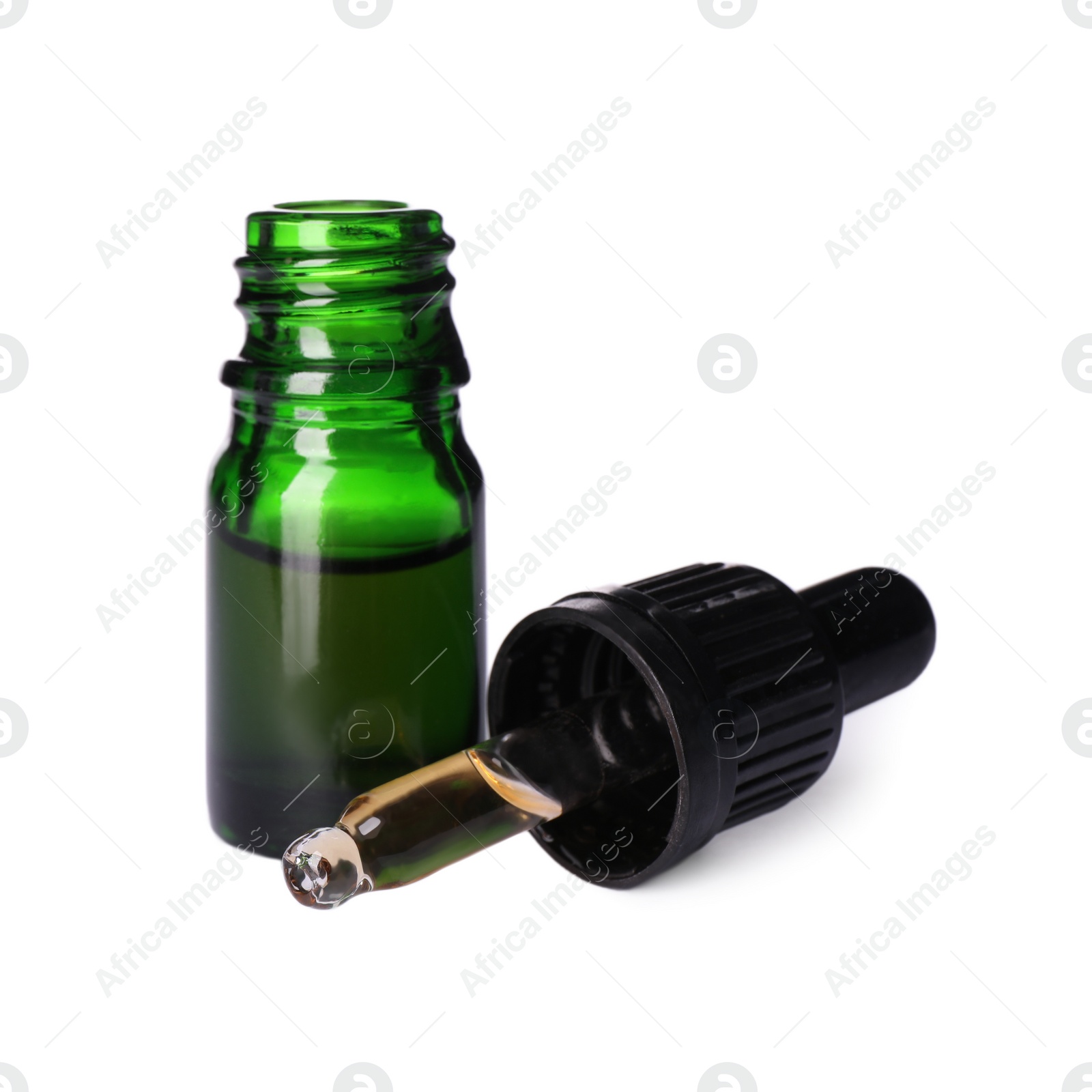 Photo of Cosmetic bottle and pipette with essential oil on white background