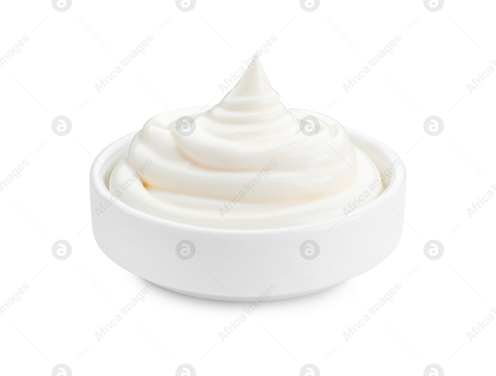 Photo of Fresh mayonnaise sauce in bowl isolated on white