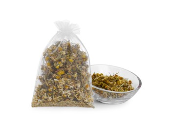 Photo of Scented sachet and bowl of dried flowers on white background
