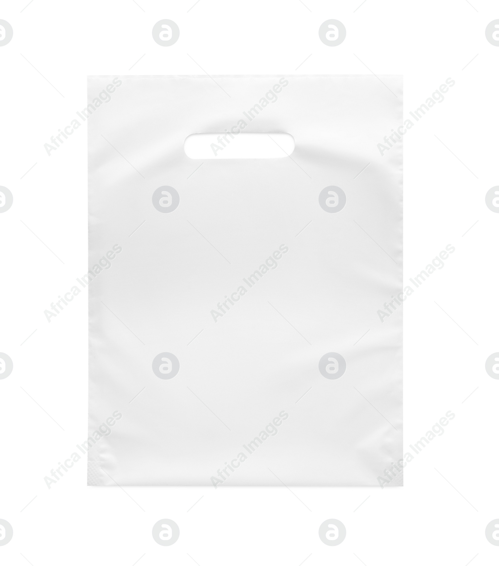 Photo of Blank plastic bag on white background, top view. Space for design