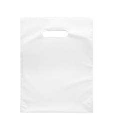 Photo of Blank plastic bag on white background, top view. Space for design