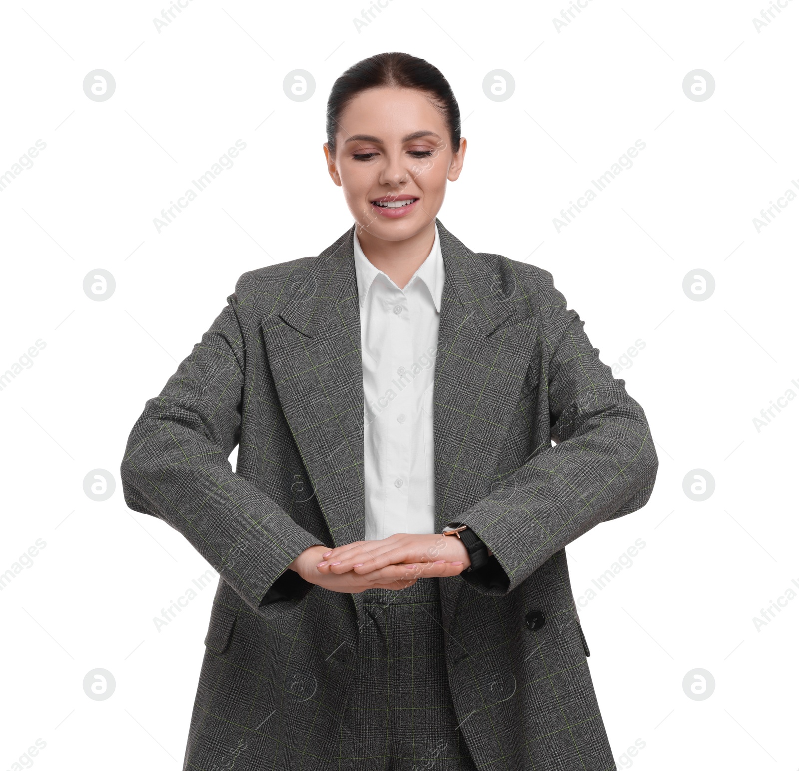 Photo of Beautiful businesswoman in suit posing on white background