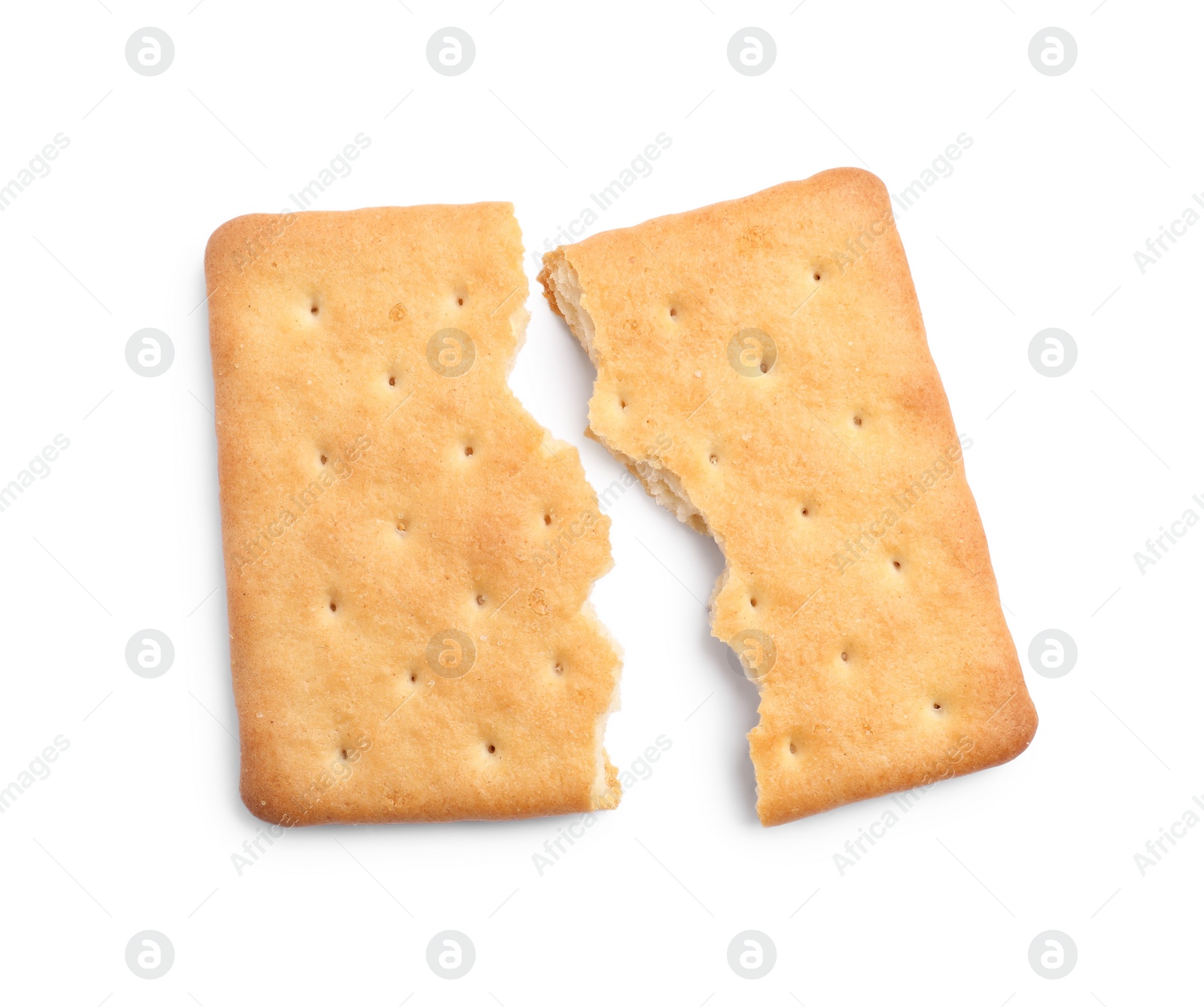 Photo of Crispy broken cracker isolated on white, top view