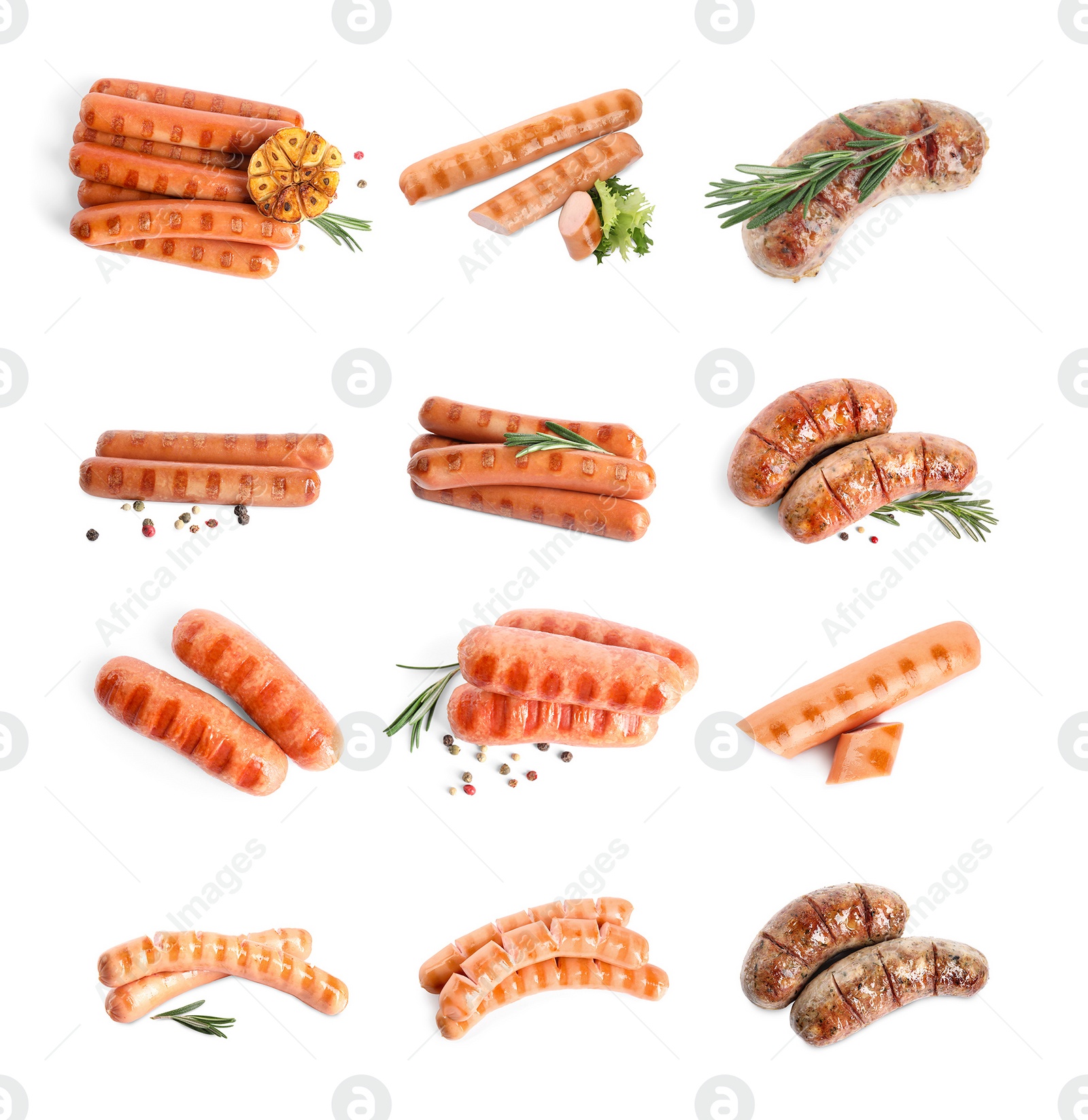 Image of Set of delicious grilled sausages on white background