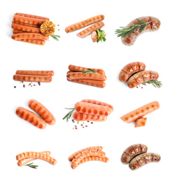 Set of delicious grilled sausages on white background