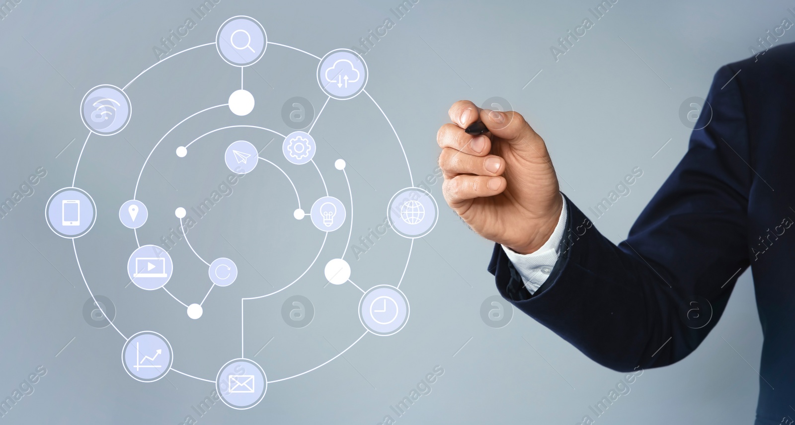 Image of Businessman using virtual screen with business analytics information, closeup