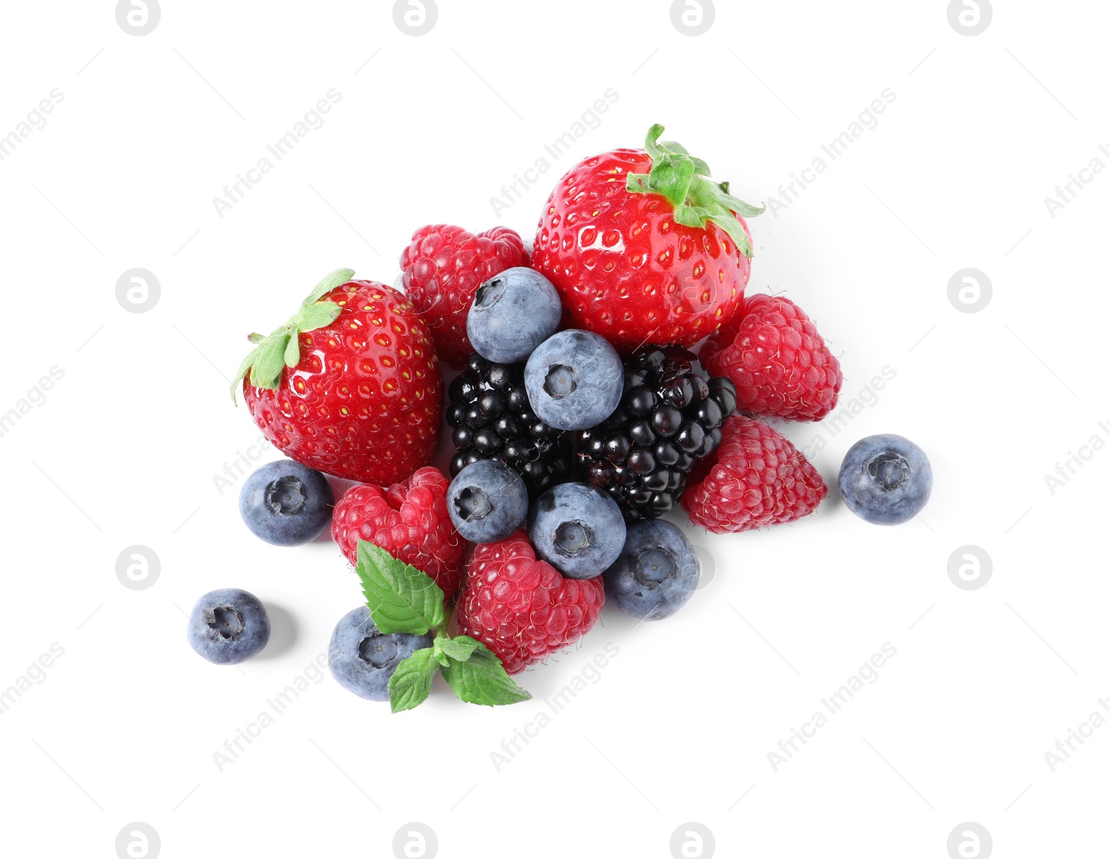 Photo of Many different ripe berries and mint leaves isolated on white, top view