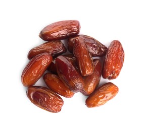 Photo of Heap of tasty sweet dried dates on white background, top view