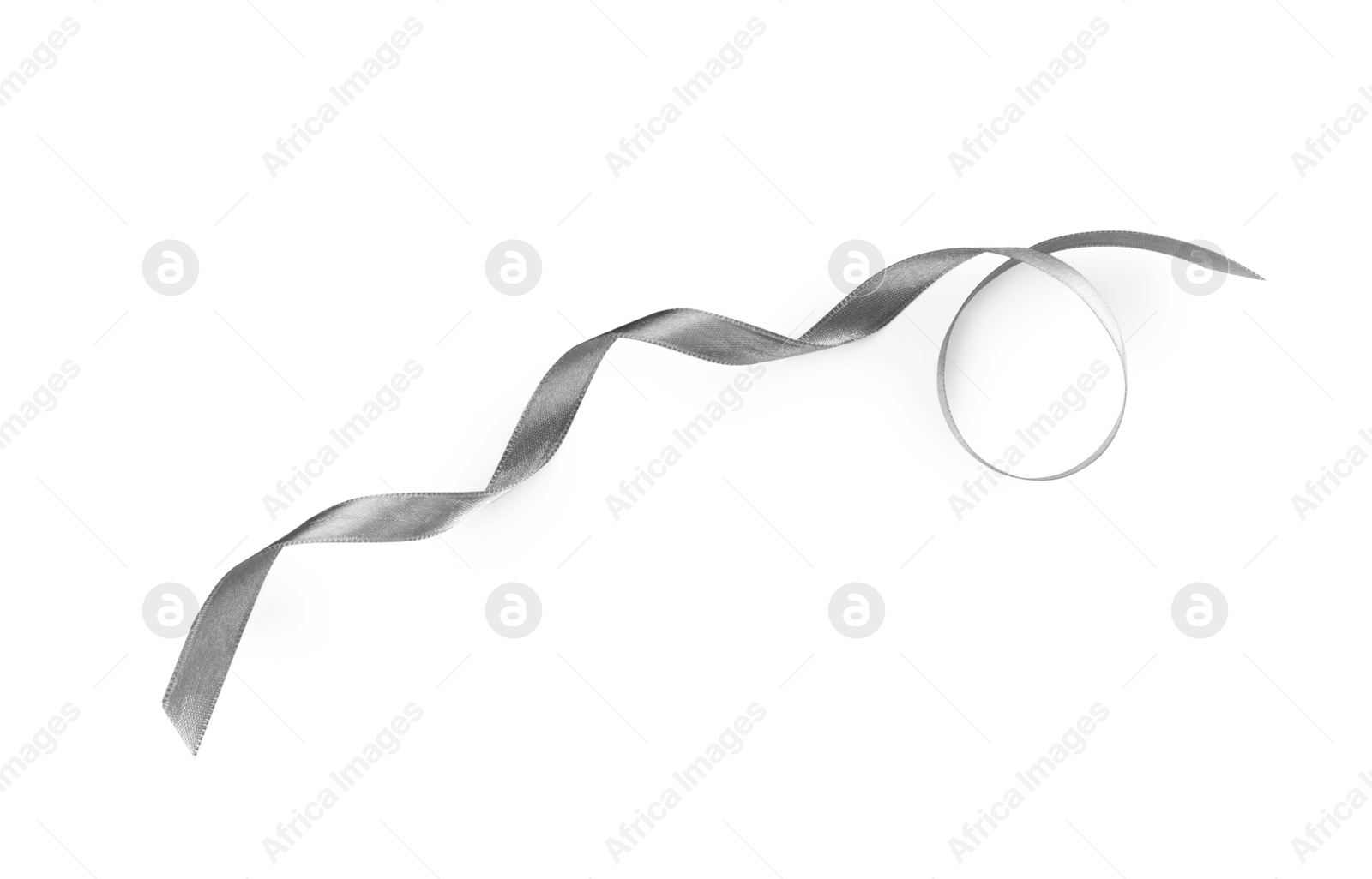 Photo of Silver satin ribbon on white background, top view