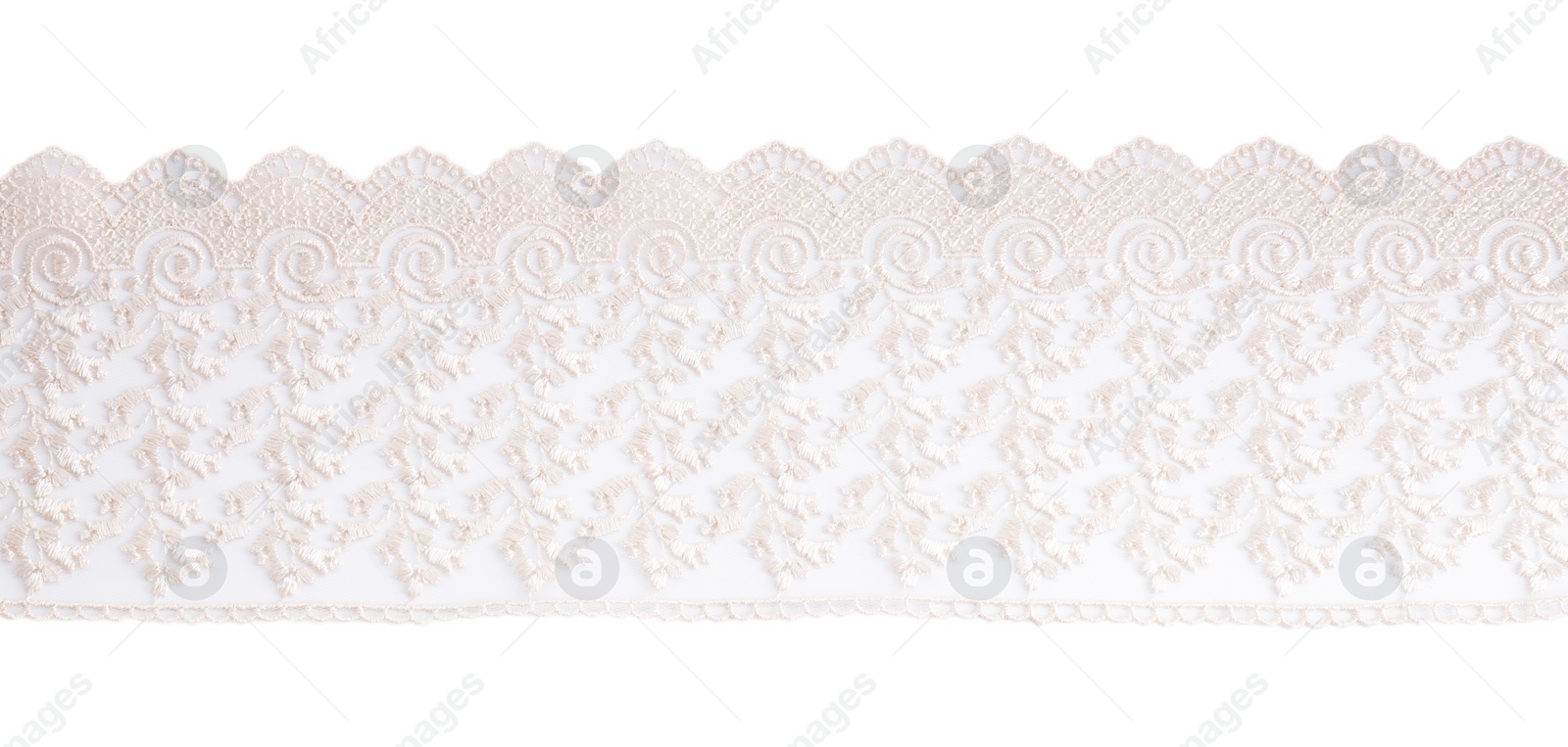 Photo of Beautiful lace isolated on white, top view