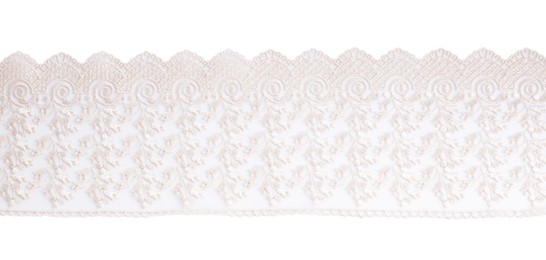 Photo of Beautiful lace isolated on white, top view