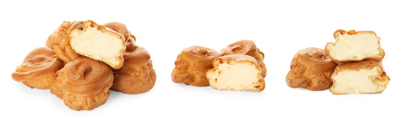 Image of Delicious profiteroles with cream filling on white background, collage design