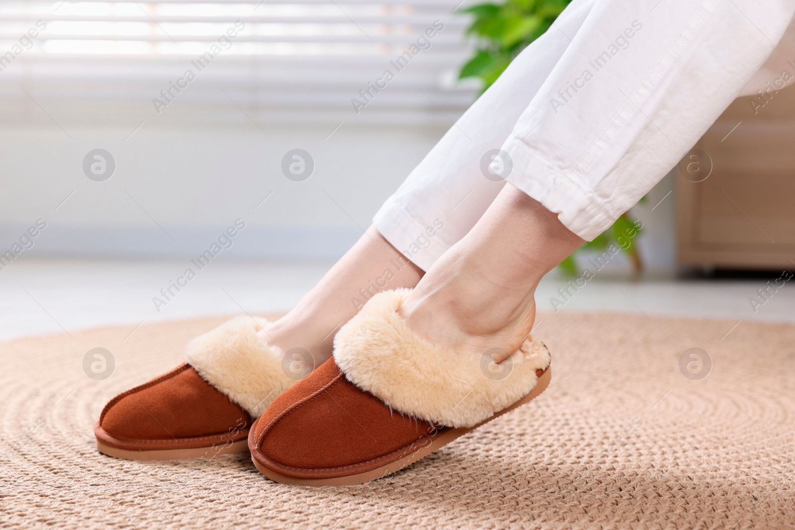 Photo of Woman in soft slippers at home, closeup