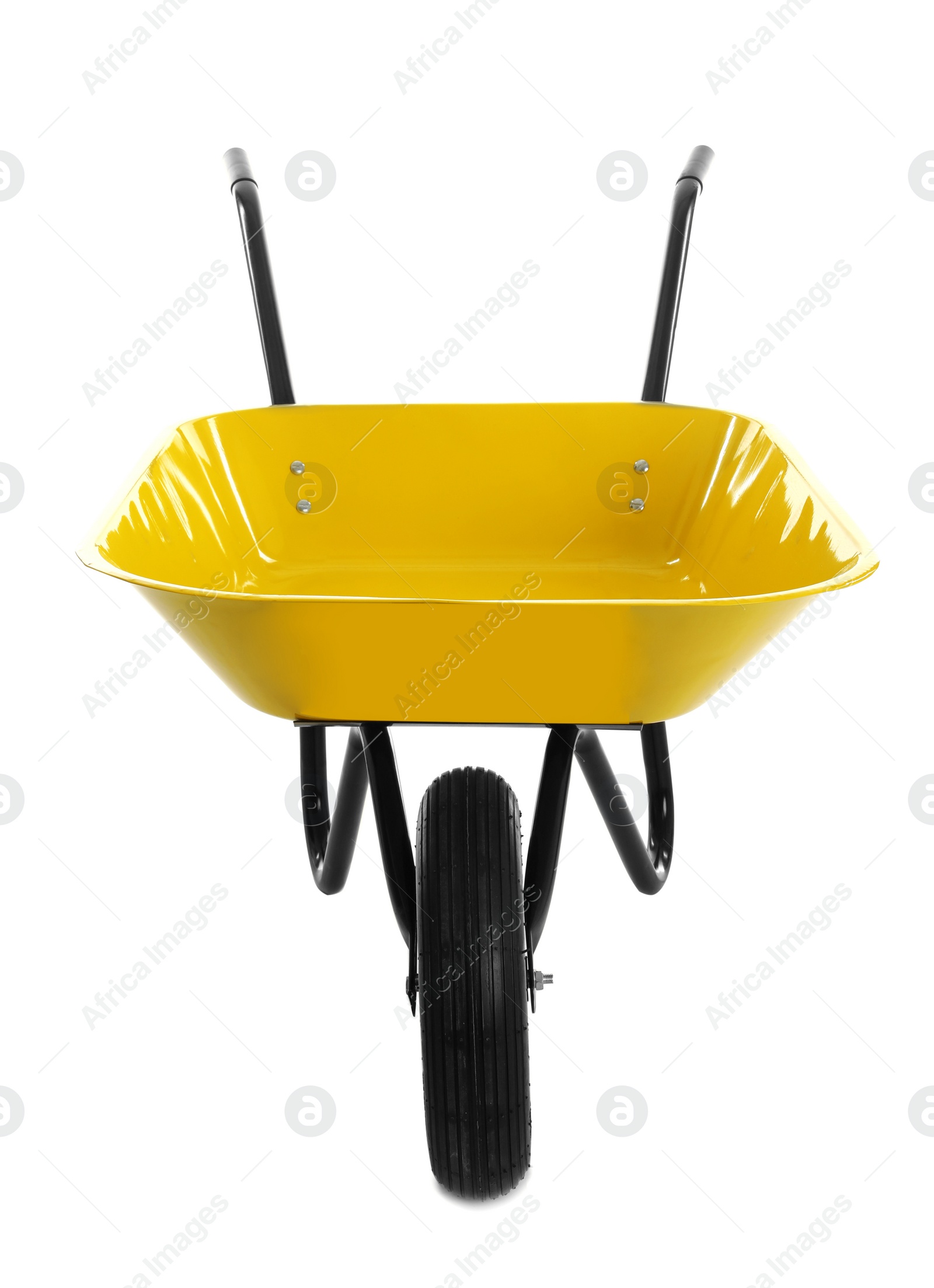 Photo of Color wheelbarrow isolated on white. Gardening tool