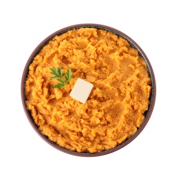 Photo of Plate with mashed sweet potatoes on white background, top view