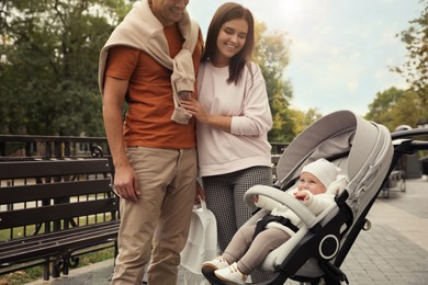 Happy parents walking with their adorable baby in stroller outdoors