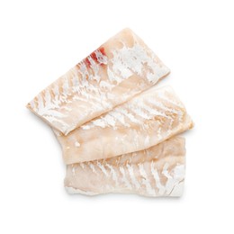 Photo of Fresh raw cod fillets isolated on white, top view