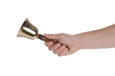 Woman ringing school bell on white background, closeup