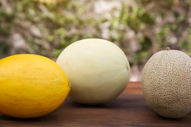 Whole ripe melons on wooden table outdoors