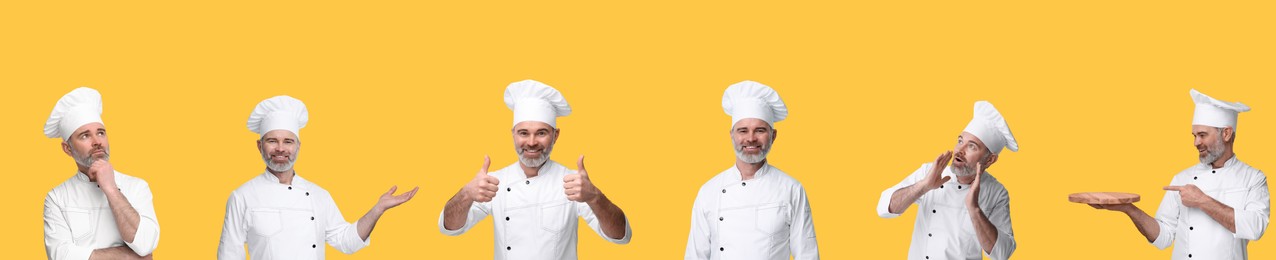 Collage with photos of professional chef on yellow background