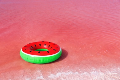 Bright inflatable ring floating in pink lake on summer day