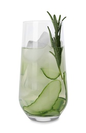 Glass of refreshing cucumber lemonade and rosemary on white background. Summer drink