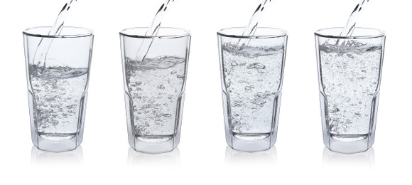 Image of Pouring soda water into glasses on white background, collage. Banner design