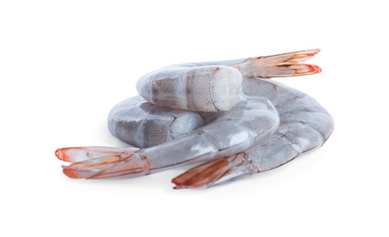 Photo of Fresh raw shrimp isolated on white. Healthy seafood