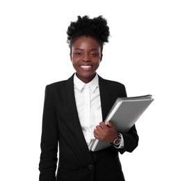 Photo of Portrait of happy woman with folders on white background. Lawyer, businesswoman, accountant or manager