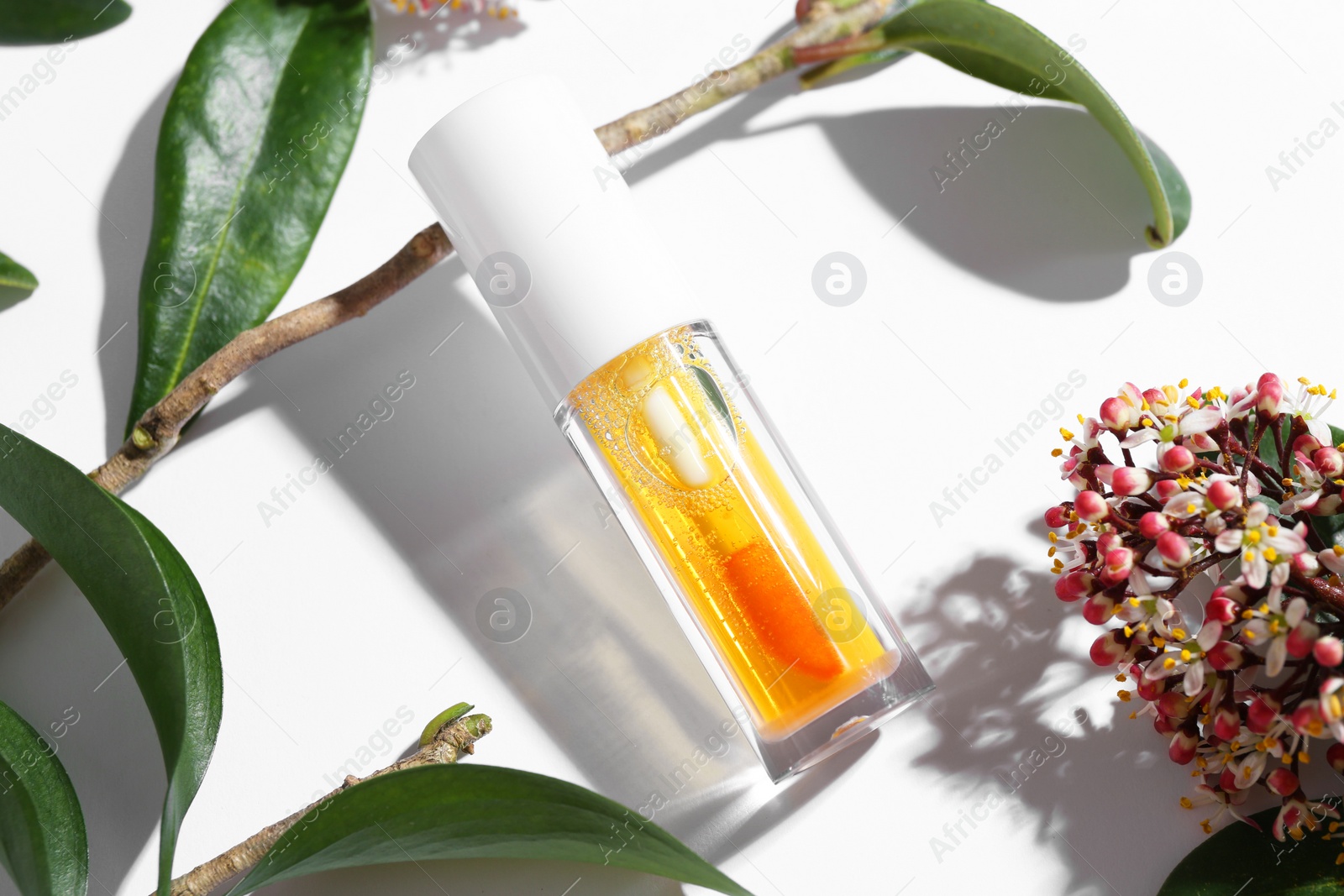 Photo of Orange lip gloss, branch, green leaves and flowers on white background, above view
