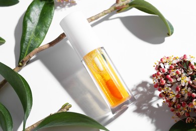 Photo of Orange lip gloss, branch, green leaves and flowers on white background, above view