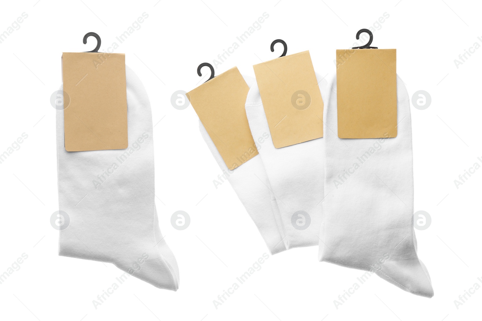 Image of Pairs of cotton socks with blank labels on white background, collage 