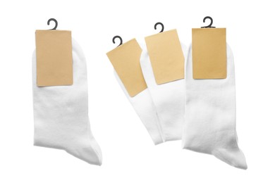 Image of Pairs of cotton socks with blank labels on white background, collage 