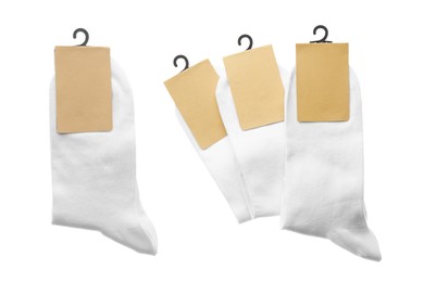 Pairs of cotton socks with blank labels on white background, collage 