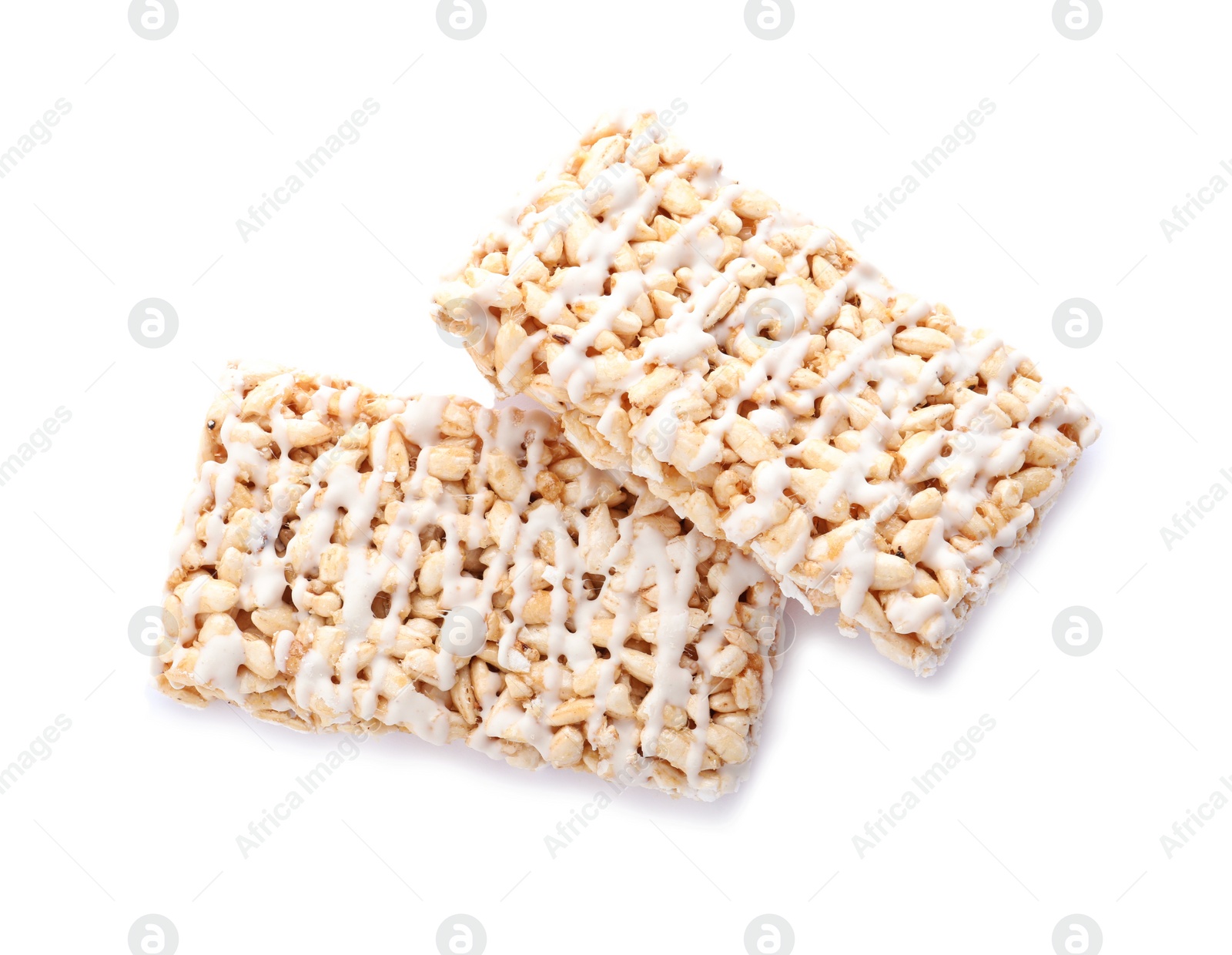 Photo of Delicious rice crispy treats isolated on white, top view