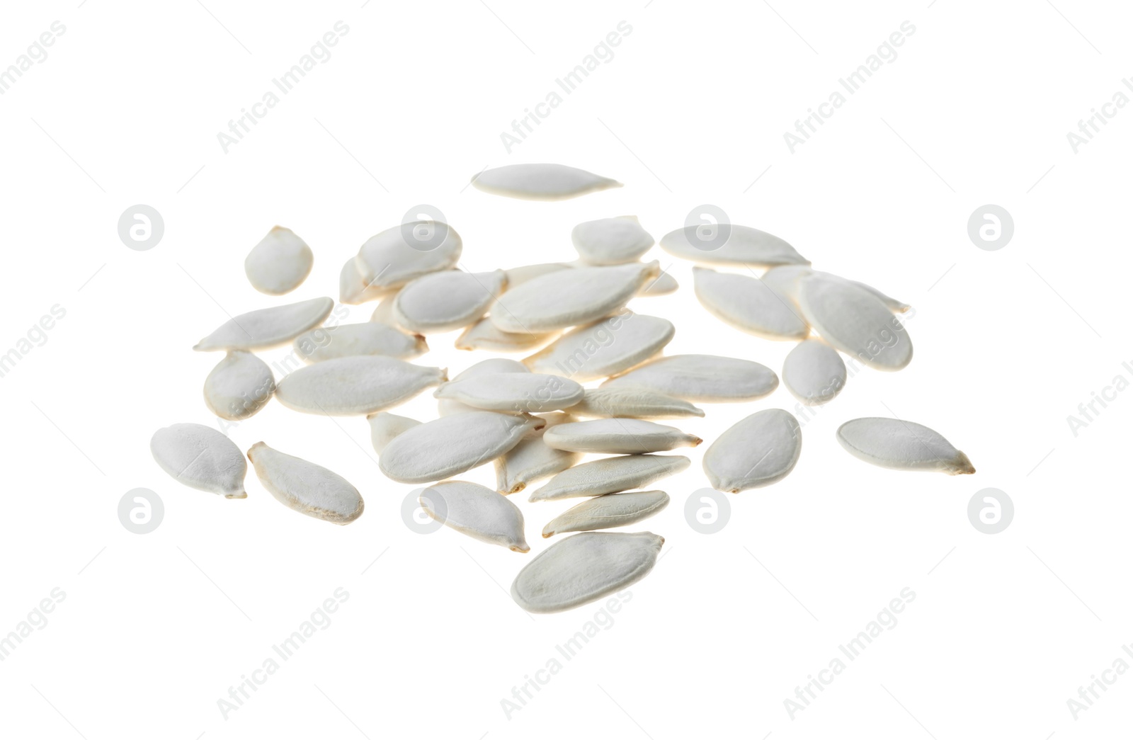 Photo of Pile of raw pumpkin seeds isolated on white. Vegetable planting