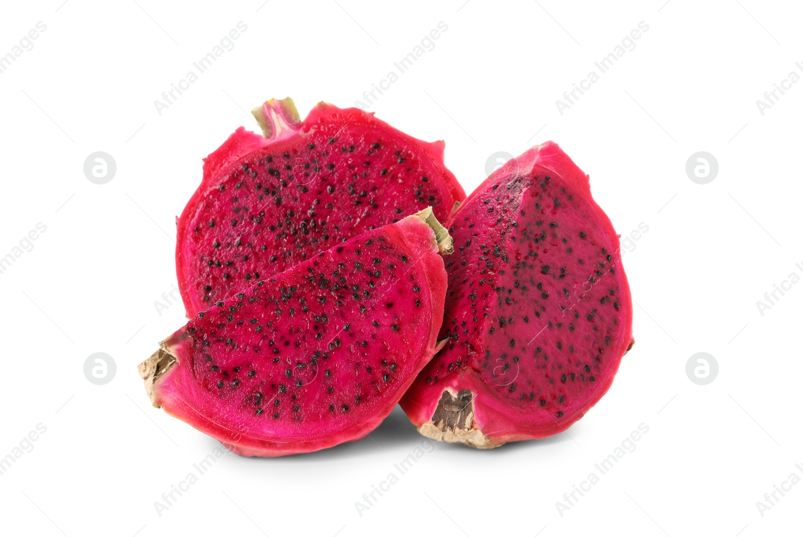 Photo of Delicious cut red pitahaya fruit on white background