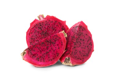 Photo of Delicious cut red pitahaya fruit on white background