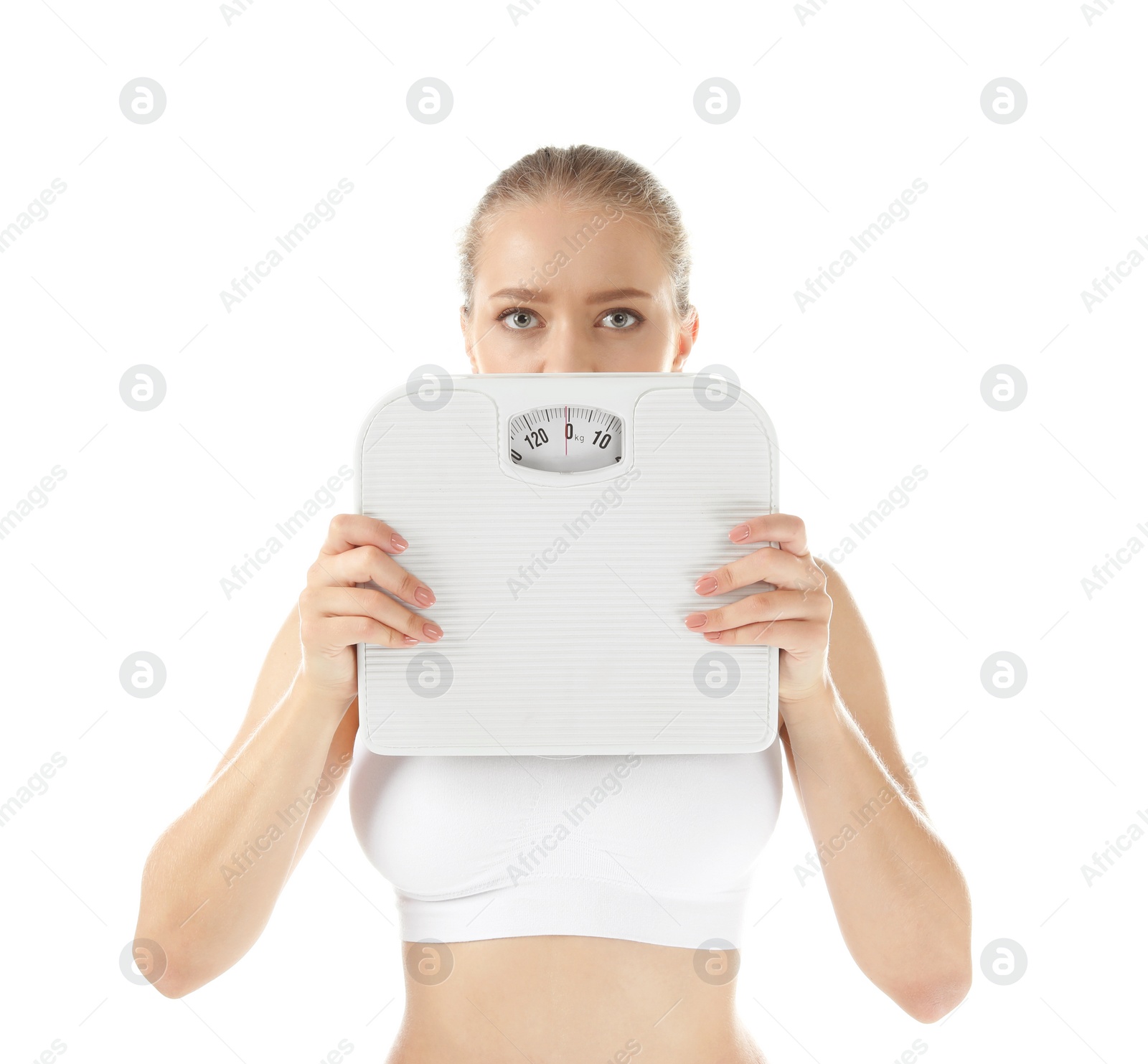 Photo of Beautiful young woman with scales on white background. Healthy diet