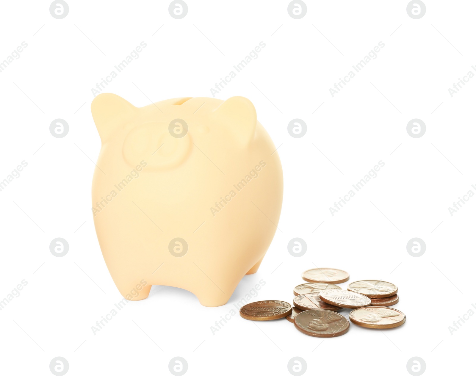 Photo of Piggy bank and coins on white background