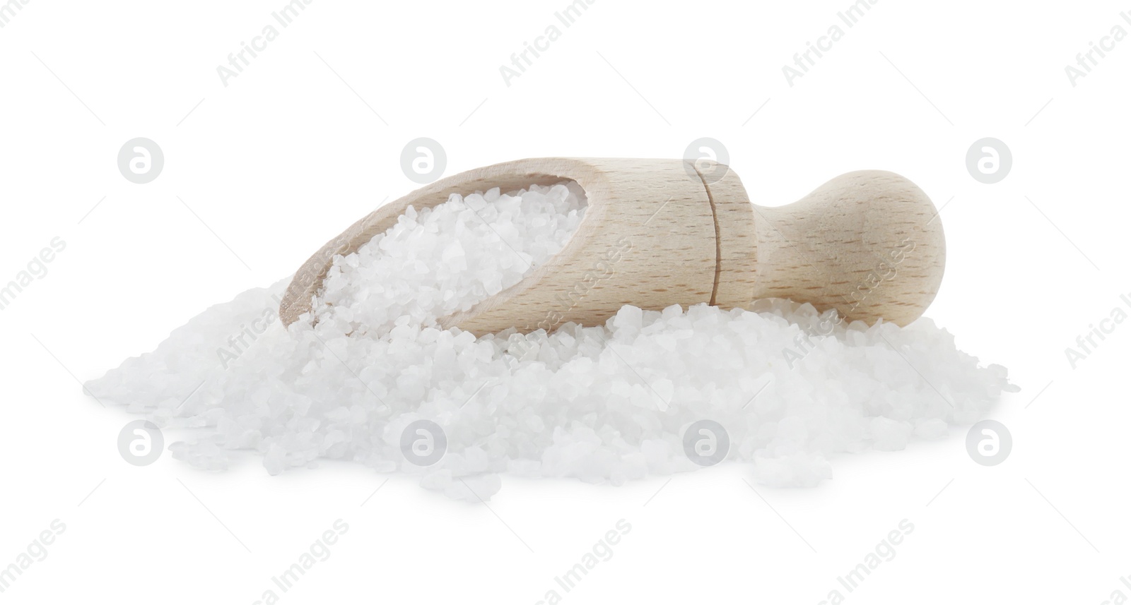 Photo of Natural salt and wooden scoop isolated on white