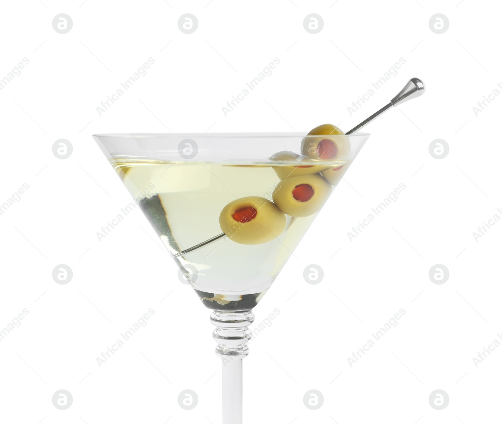 Photo of Martini cocktail with olives on white background